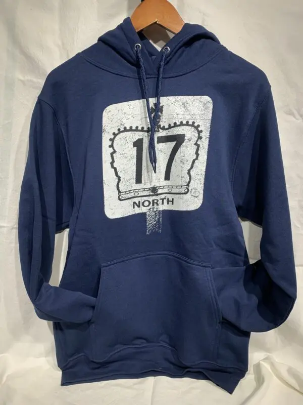 A blue hoodie with the number 1 7 on it.